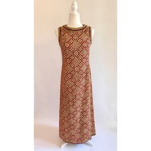 Vintage 1960s Larry Aldrich Red and Gold Beaded Evening Gown S/M